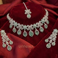 Mint Green Floral Teardrop Necklace Set with Earrings & Maang Tikka