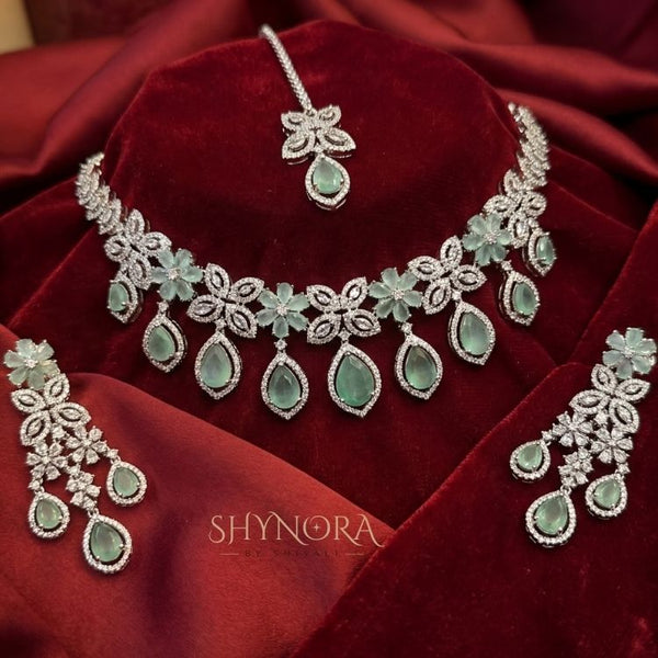 Mint Green Floral Teardrop Necklace Set with Earrings & Maang Tikka