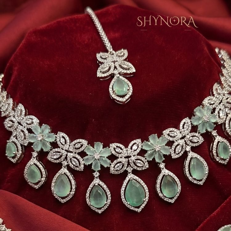 Mint Green Floral Teardrop Necklace Set with Earrings & Maang Tikka