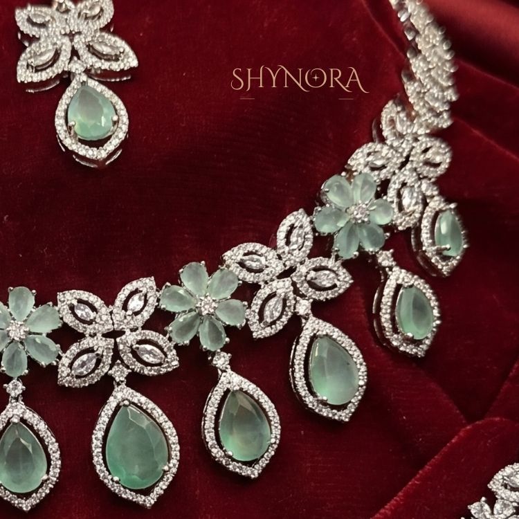 Mint Green Floral Teardrop Necklace Set with Earrings & Maang Tikka