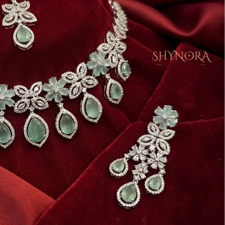 Mint Green Floral Teardrop Necklace Set with Earrings & Maang Tikka