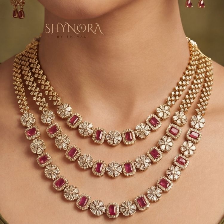 Purple Triple Layer AD Necklace Set in gold tone. Perfect for weddings, festive & party wear.