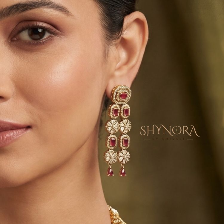 Purple Triple Layer AD Necklace Set in gold tone. Perfect for weddings, festive & party wear.