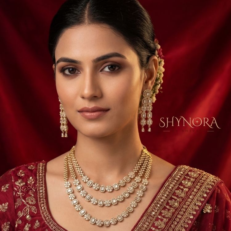 Classic White AD Triple Layer Necklace Set with Earrings