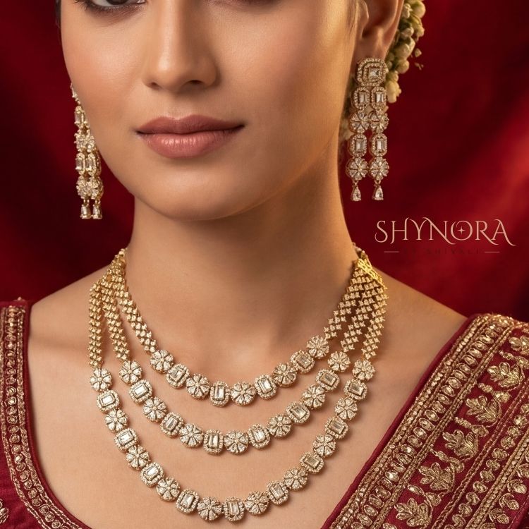 Classic White AD Triple Layer Necklace Set with Earrings