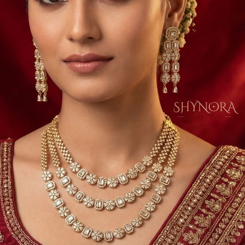 Classic White AD Triple Layer Necklace Set with Earrings