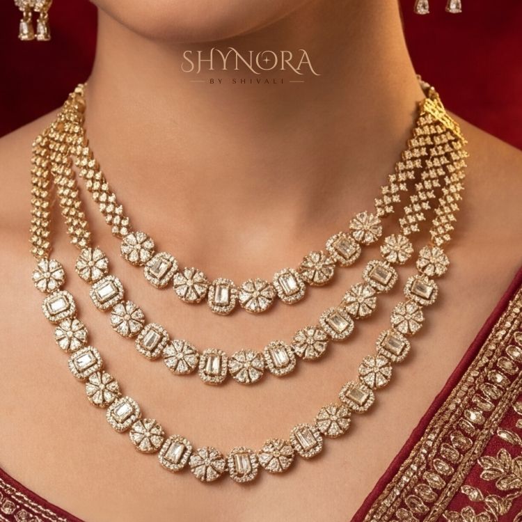 Classic White AD Triple Layer Necklace Set with Earrings