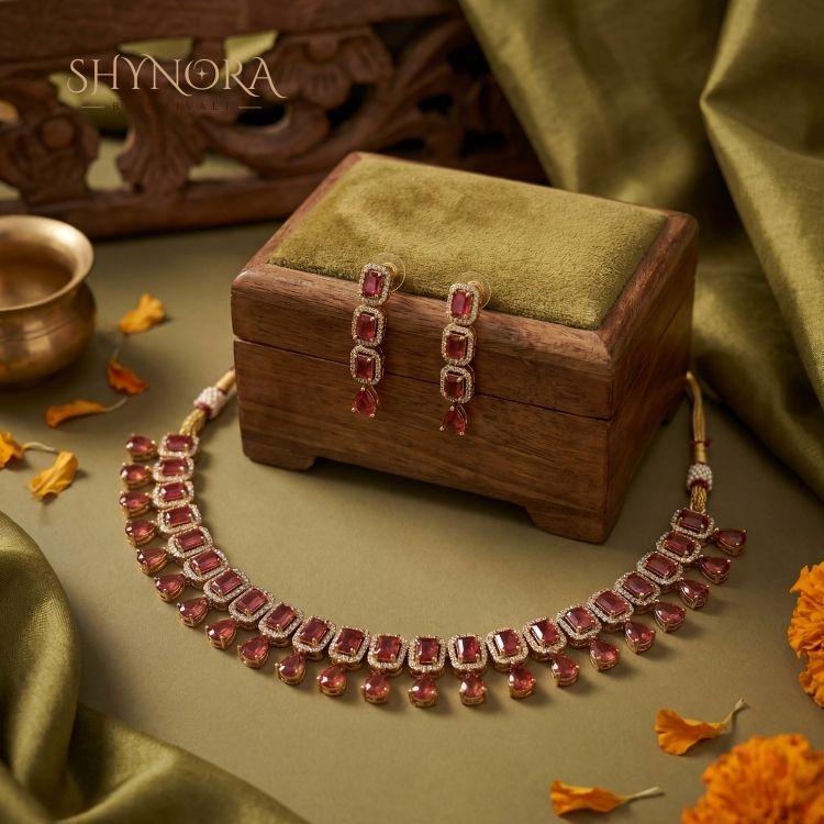 Ruby Red AD Choker Necklace Set with Drop Earrings