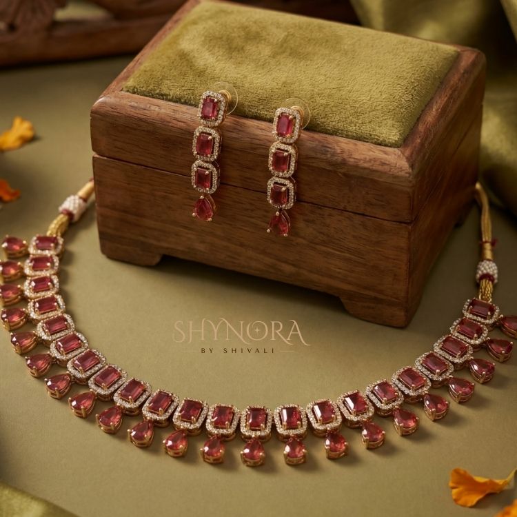 Ruby Red AD Choker Necklace Set with Drop Earrings