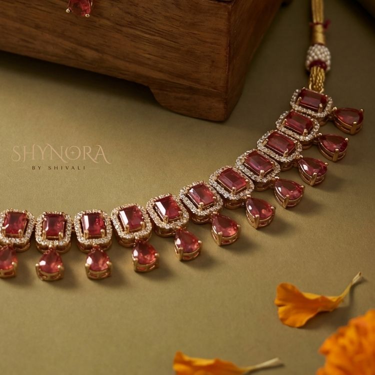 Ruby Red AD Choker Necklace Set with Drop Earrings