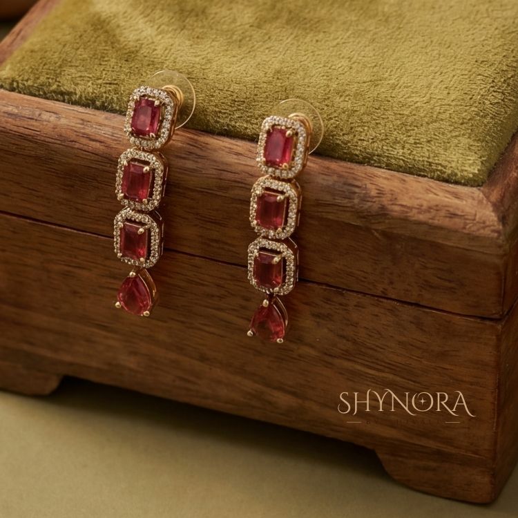 Ruby Red AD Choker Necklace Set with Drop Earrings
