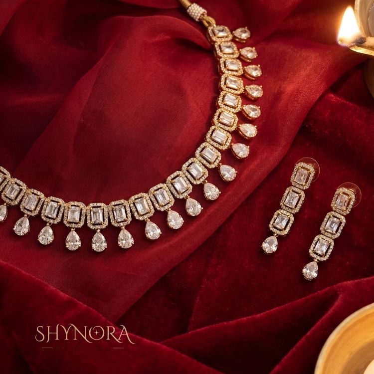 White AD Diamond Choker Necklace Set with Drop Earrings