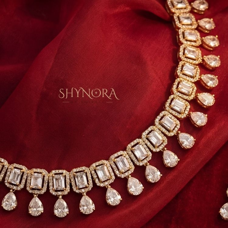 White AD Diamond Choker Necklace Set with Drop Earrings