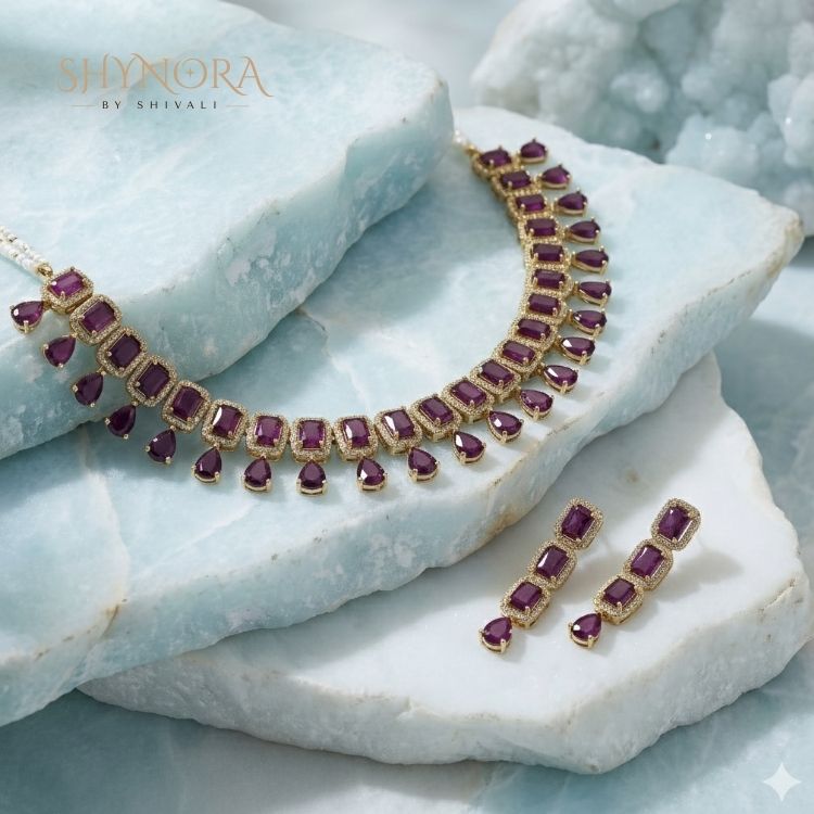 Purple AD Stone Choker Necklace Set with Drop Earrings
