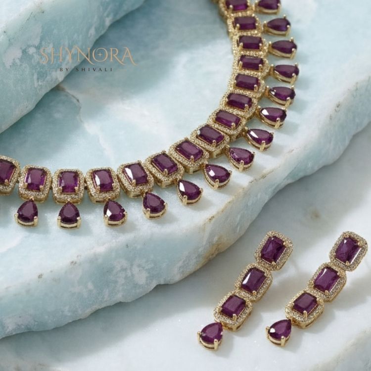 Purple AD Stone Choker Necklace Set with Drop Earrings