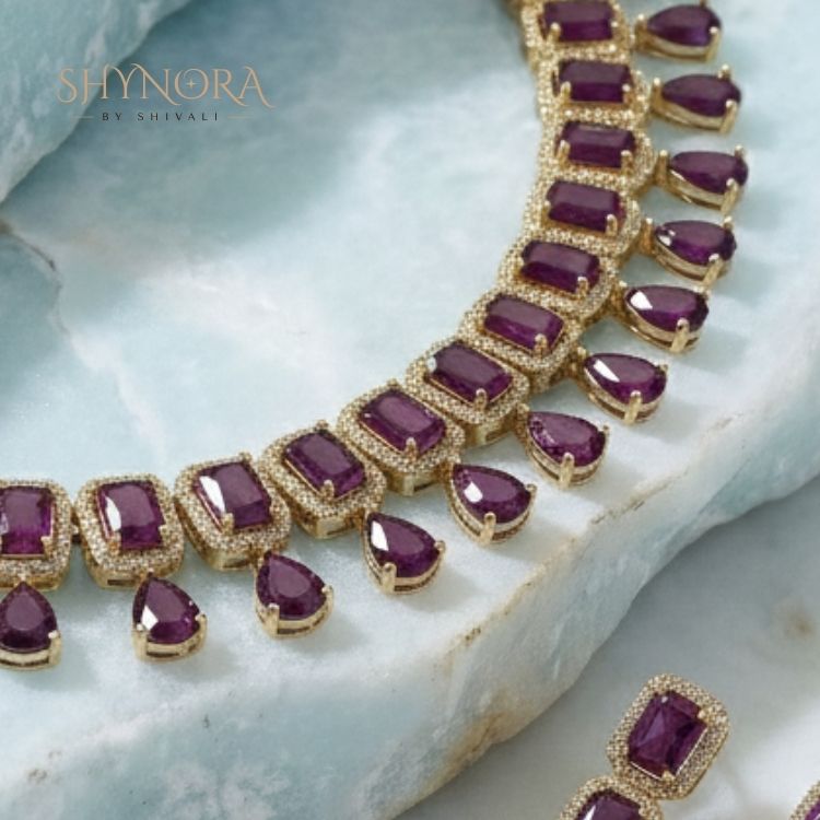 Purple AD Stone Choker Necklace Set with Drop Earrings