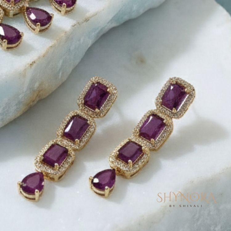 Purple AD Stone Choker Necklace Set with Drop Earrings