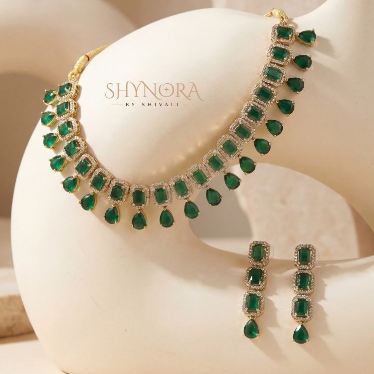 Emerald Green AD Stone Choker Necklace Set with Drop Earrings