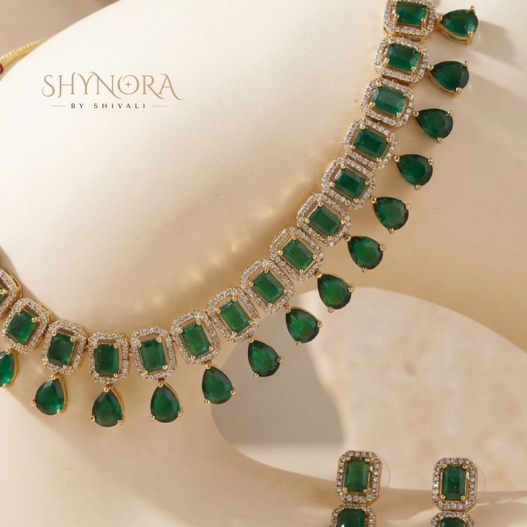 Emerald Green AD Stone Choker Necklace Set with Drop Earrings
