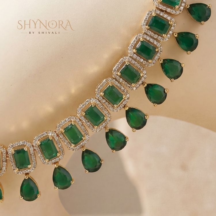 Emerald Green AD Stone Choker Necklace Set with Drop Earrings