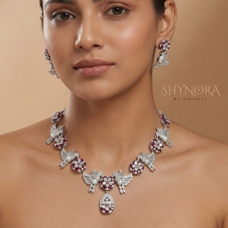 Ruby Red Peacock AD Necklace Set with Pearl Accents