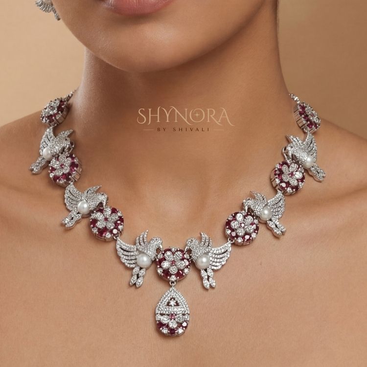 Ruby Red Peacock AD Necklace Set with Pearl Accents