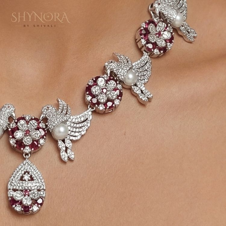 Ruby Red Peacock AD Necklace Set with Pearl Accents