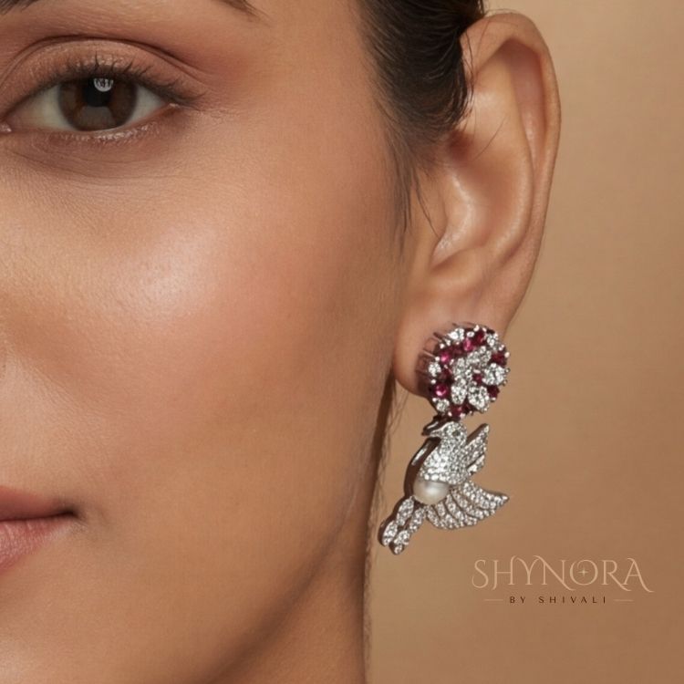 Ruby Red Peacock AD Necklace Set with Pearl Accents