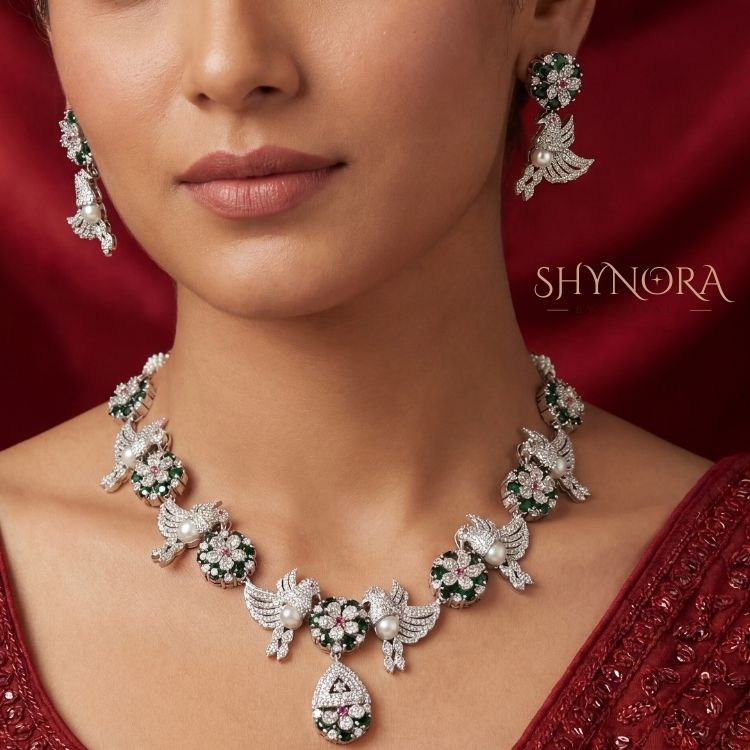 Emerald Green Bird Motif AD Necklace Set with Pearl Highlights
