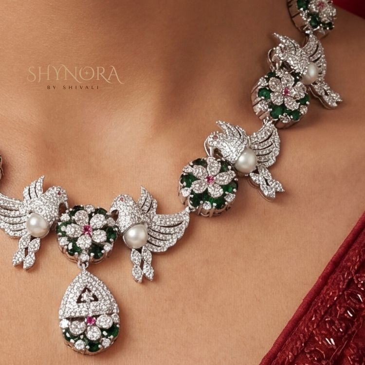 Emerald Green Bird Motif AD Necklace Set with Pearl Highlights