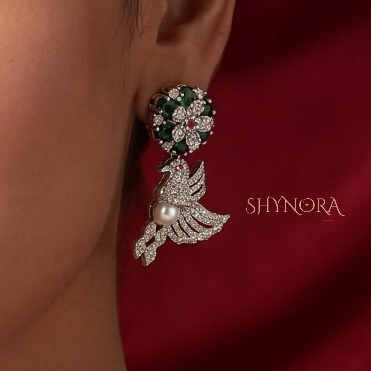 Emerald Green Bird Motif AD Necklace Set with Pearl Highlights