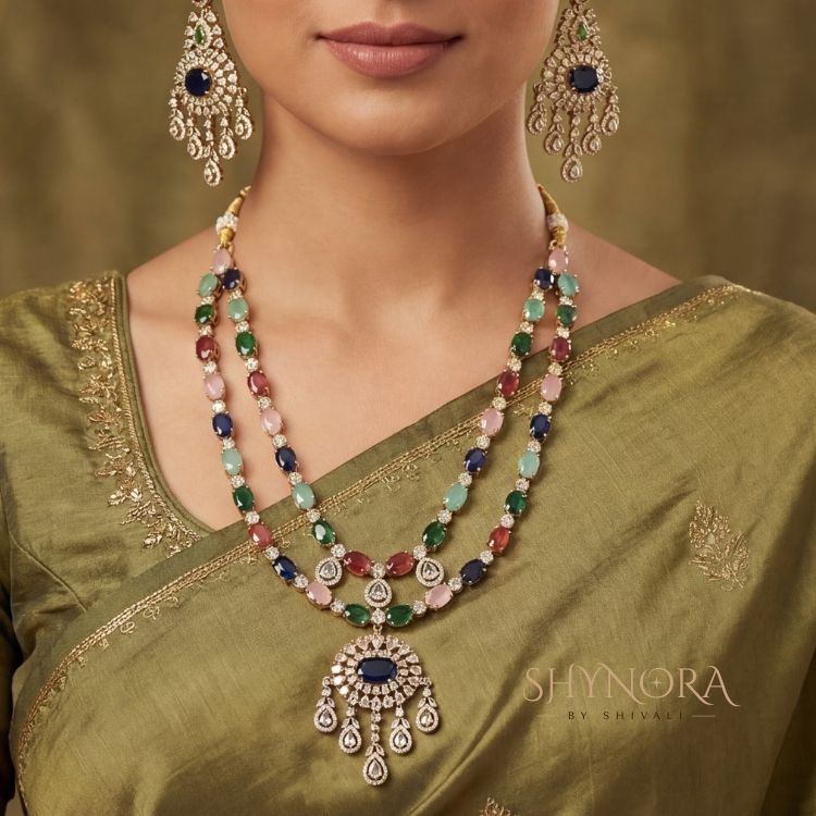 Multicolor Ruby-Style Layered AD Necklace Set