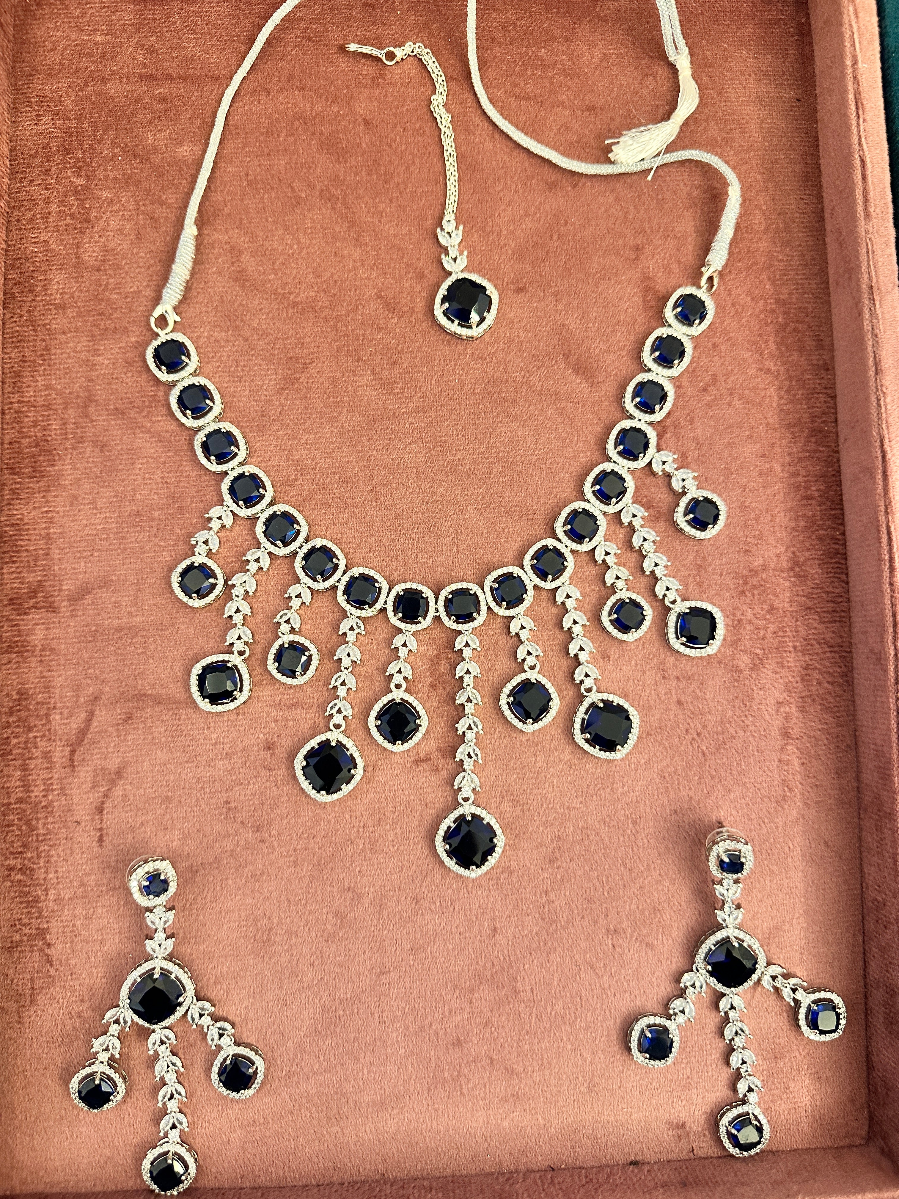 Midnight Blue Sapphire Chandelier Necklace Set for Women