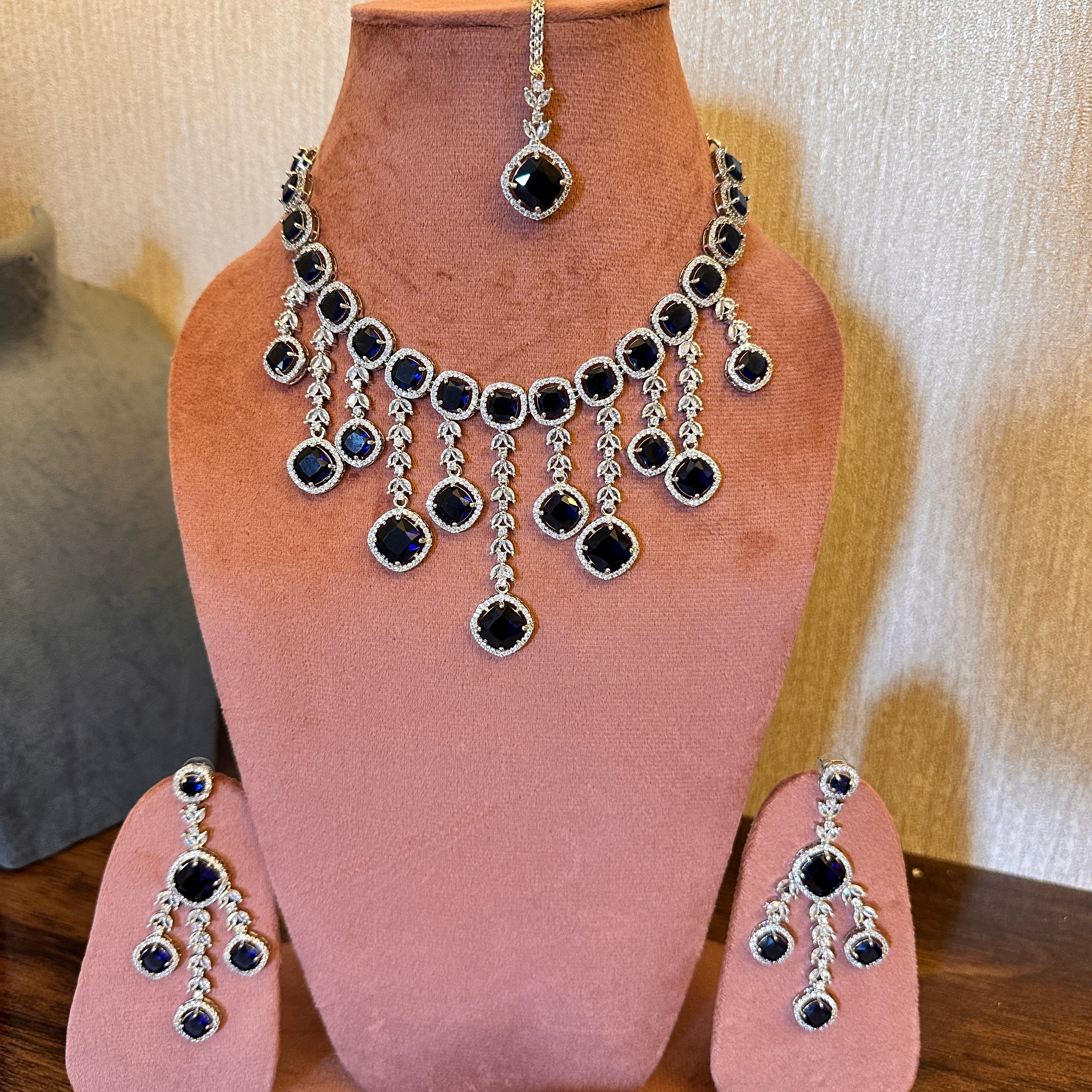 Midnight Blue Sapphire Chandelier Necklace Set for Women