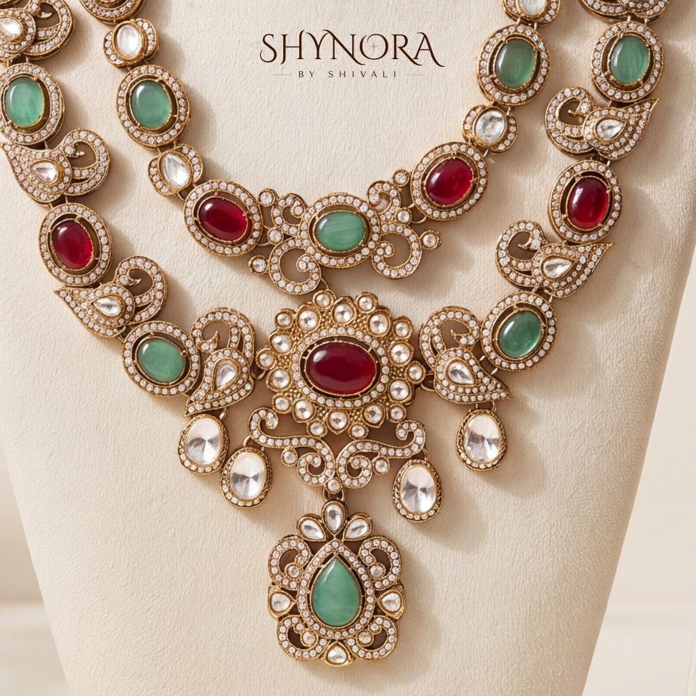 Royal Red Green Kundan Necklace Set 4