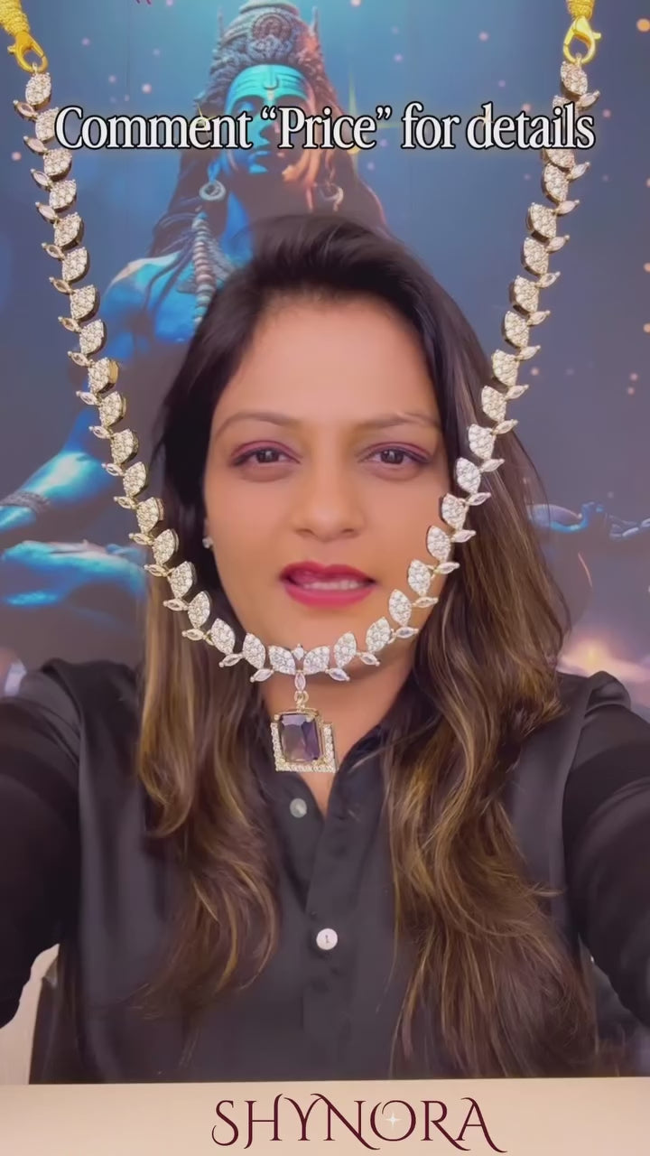 Royal Purple Leaf Drop AD Necklace Set with Maang Tikka