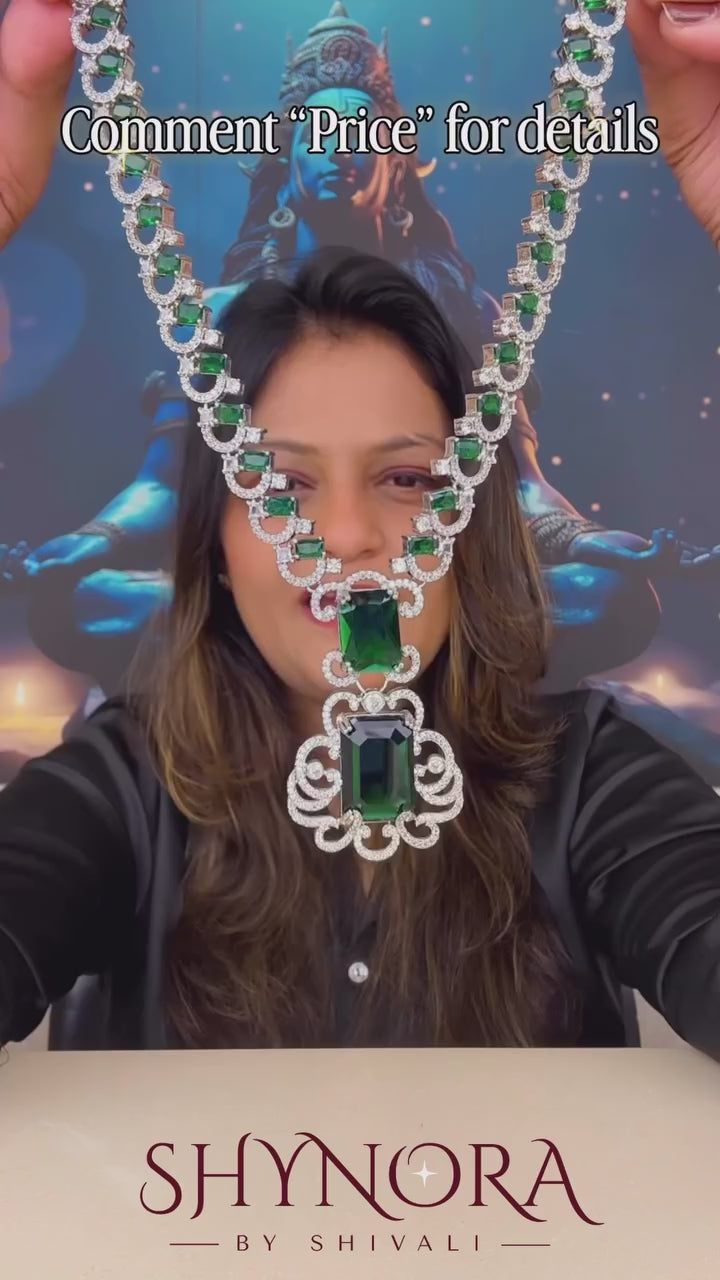 Royal Emerald Green Stone Necklace Set with Stud Earrings for Women