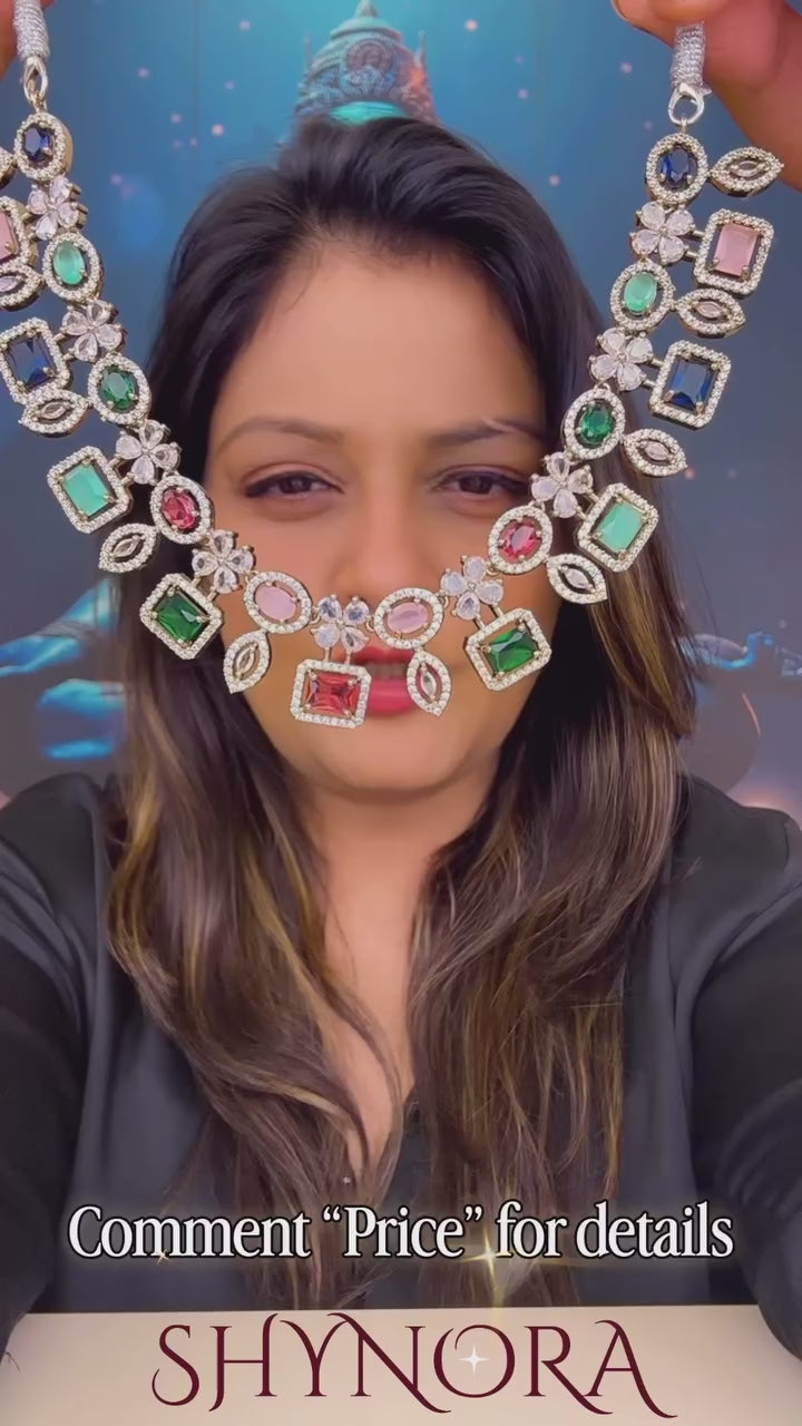 Classic Multicolor Square Stone AD Necklace Set with Maang Tikka