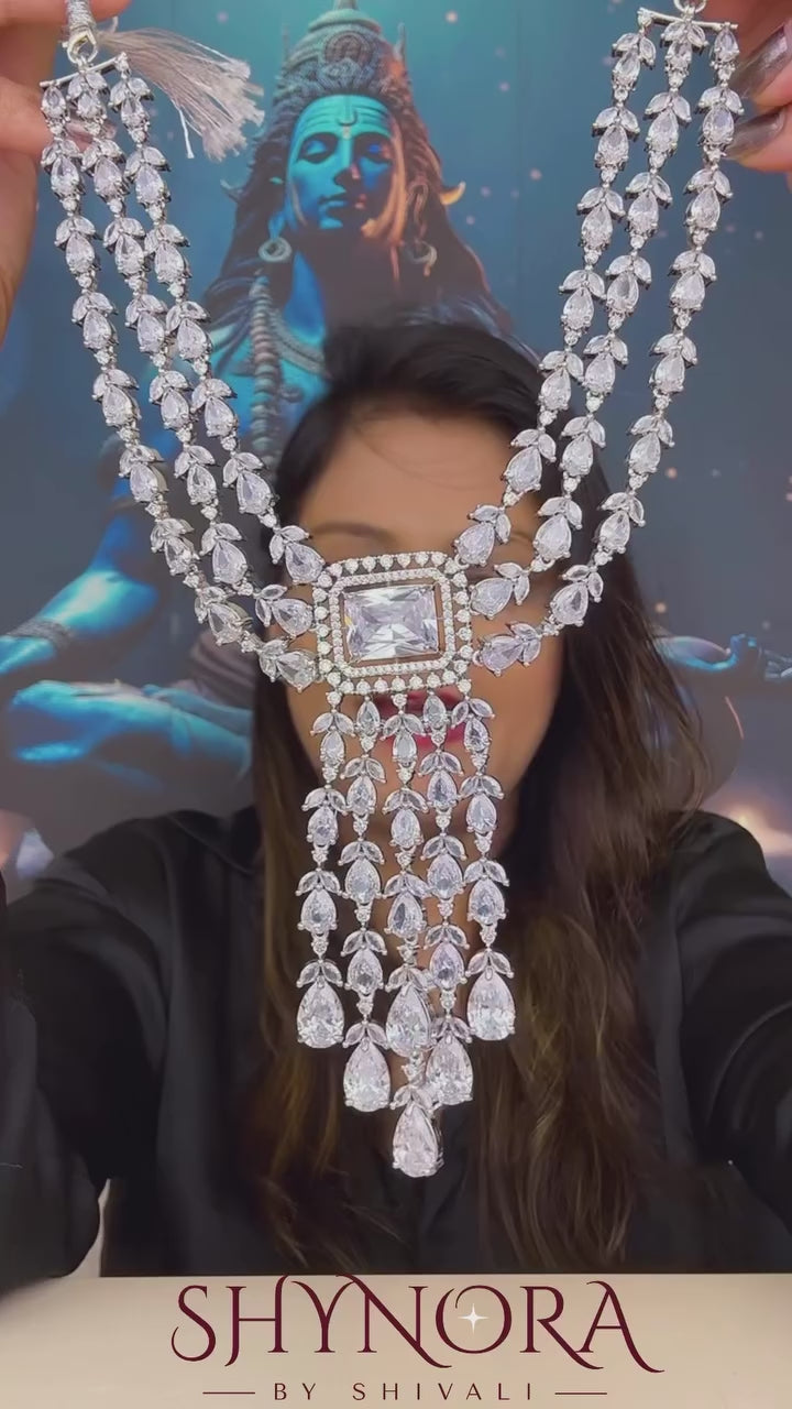 Regal White Crystal Multi-Layer Chandelier Necklace Set with Earrings
