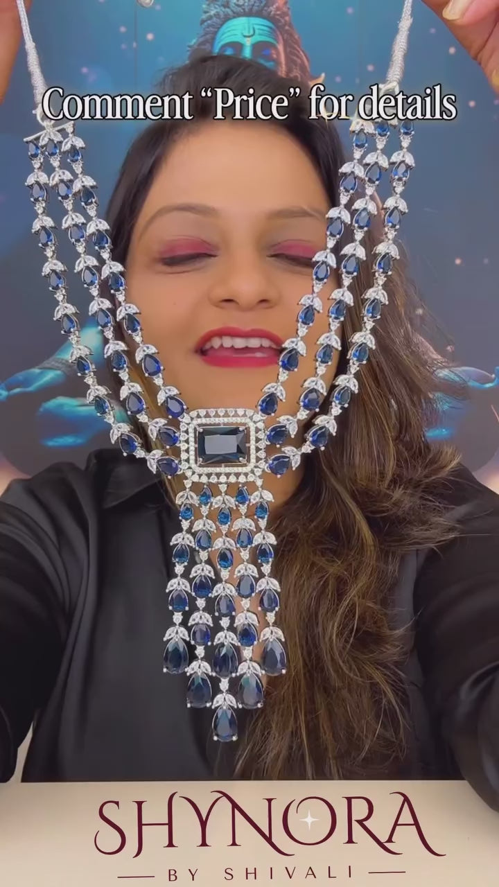Royal Midnight Blue Multi-Layer Chandelier Necklace Set with Earrings