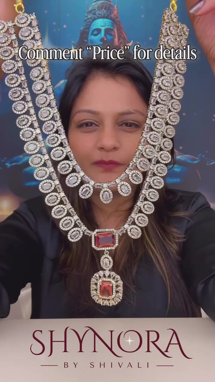 Ruby Red AD Layered Necklace Set with Maang Tikka